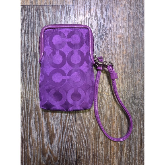 Coach Poppy Op Art Purple Satin Signature C Wristlet Phone Case Wallet - Picture 2 of 3
